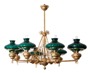 Brass Eight-Arm Chandelier with Emeralite Shades, Attributed to Bradley & Hubbard