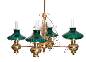 19th Century Brass Four-Arm Chandelier with Emeralite Shades