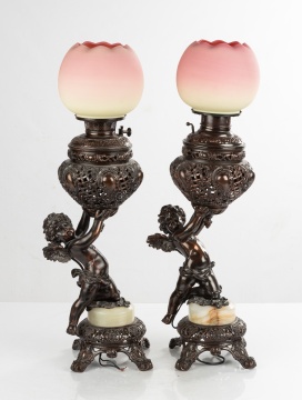 Pair of Bradley & Hubbard Cherub Banquet Lamps