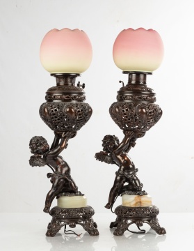 Pair of Bradley & Hubbard Cherub Banquet Lamps