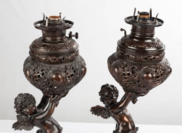 Pair of Bradley & Hubbard Cherub Banquet Lamps