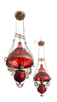 Near Pair of Brass & Cranberry Hobnail Glass Hanging Library Lamps