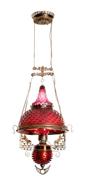 Near Pair of Brass & Cranberry Hobnail Glass Hanging Library Lamps