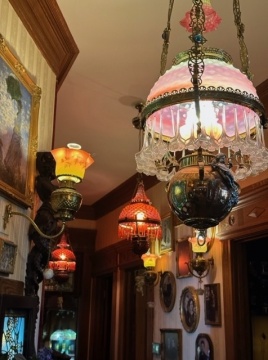 Near Pair of Brass & Cranberry Hobnail Glass Hanging Library Lamps