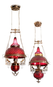 Near Pair of Brass & Cranberry Hobnail Glass Hanging Library Lamps