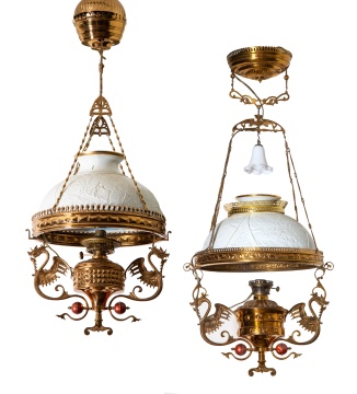 Near Pair of Brass & Lithophane Hanging Library Lamps