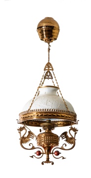 Near Pair of Brass & Lithophane Hanging Library Lamps