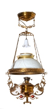 Near Pair of Brass & Lithophane Hanging Library Lamps