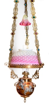 Brass & Pink/Opalescent Hobnail Glass Hanging Library Lamp