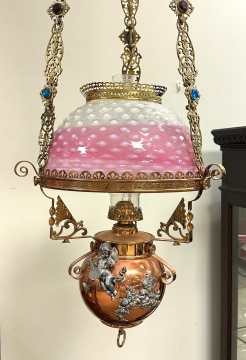 Brass & Pink/Opalescent Hobnail Glass Hanging Library Lamp