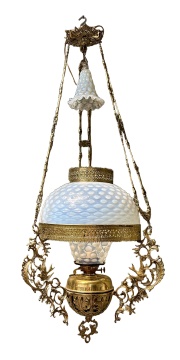 Brass & White Opalescent Hobnail Glass Hanging Library Lamp