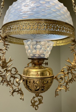 Brass & White Opalescent Hobnail Glass Hanging Library Lamp