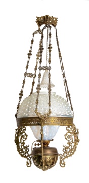 Brass & White Opalescent Hobnail Glass Hanging Library Lamp