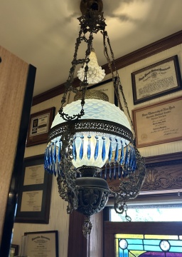 Brass & White Opalescent Hobnail Glass Hanging Library Lamp