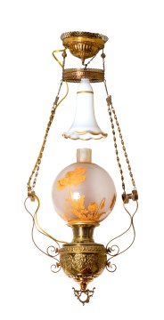 Brass & Cameo Glass Hanging Library Lamp