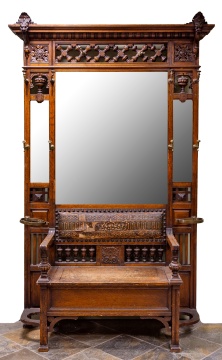 American Carved Oak Hall Seat & Mirror