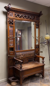 American Carved Oak Hall Seat & Mirror