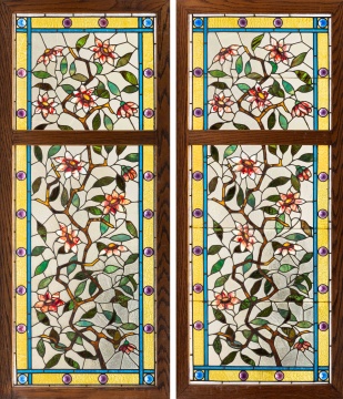 Pair of Floral Leaded Glass Windows