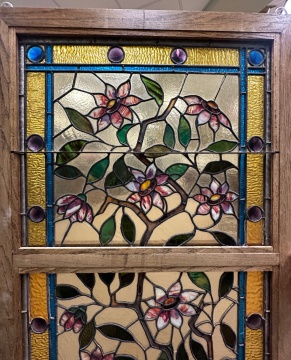 Pair of Floral Leaded Glass Windows