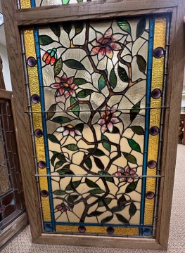 Pair of Floral Leaded Glass Windows