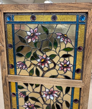 Pair of Floral Leaded Glass Windows