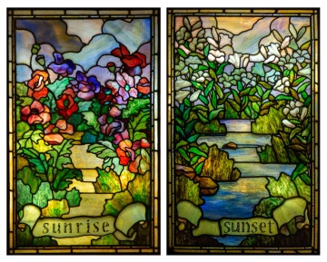 Pair of American School Leaded Glass Windows, "Sunrise" & "Sunset"