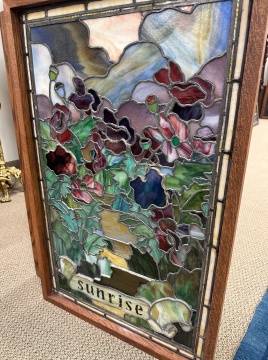 Pair of American School Leaded Glass Windows, "Sunrise" & "Sunset"