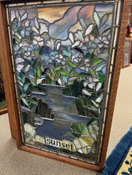 Pair of American School Leaded Glass Windows, "Sunrise" & "Sunset"