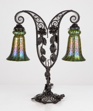 Art Nouveau Wrought Iron Table Lamp with Quezal Glass Shades