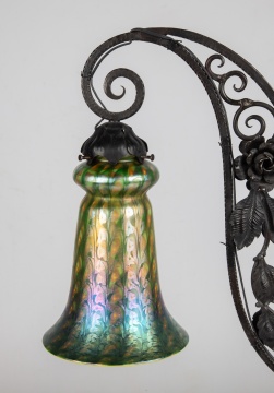 Art Nouveau Wrought Iron Table Lamp with Quezal Glass Shades