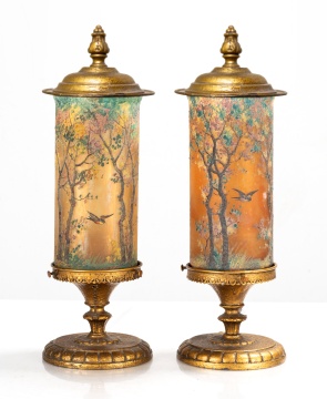 Near Pair of Handel Acid-Etched and Painted Glass Table Lamps