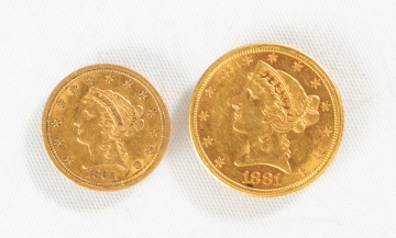 US 1881 Five Dollar Gold Coin & US 1861 Two and a Half Dollar Gold Coin