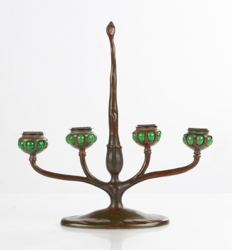Bronze Four-Light Blown-Out Candelabrum in the Manner of Tiffany Studios