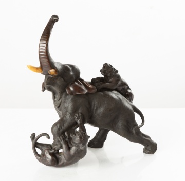 Japanese Meiji Period Bronze Elephant and Tiger Group