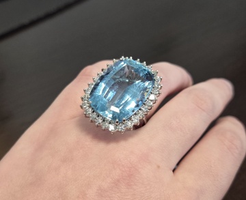 14K White Gold, Aquamarine, & Diamond Ring