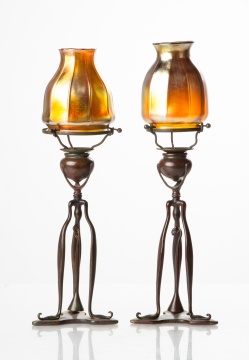 Pair of Tiffany Studios Bronze & Favrile Candlesticks