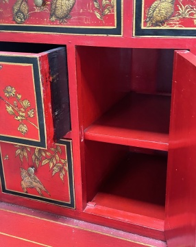 19th Century English, Red Lacquer Chinoiserie Specimen Cabinet