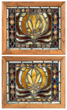 Pair of Leaded & Jeweled Glass Windows