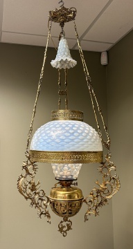 Brass & White Opalescent Hobnail Glass Hanging Library Lamp