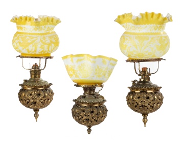 Four Near Matching Cast Brass Sconces with Three Mount Washington Acid Cut Back Shades