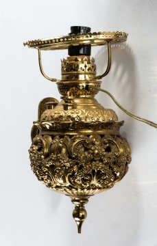 Four Near Matching Cast Brass Sconces with Three Mount Washington Acid Cut Back Shades