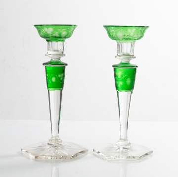 Two Similar Engraved Steuben Candlesticks