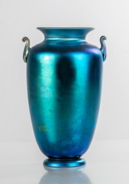 Steuben Blue Aurene Vase with Scroll Handles