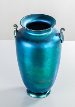 Steuben Blue Aurene Vase with Scroll Handles