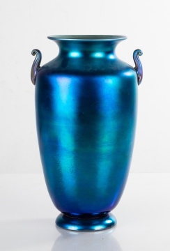 Steuben Blue Aurene Vase with Scroll Handles