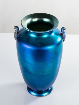 Steuben Blue Aurene Vase with Scroll Handles