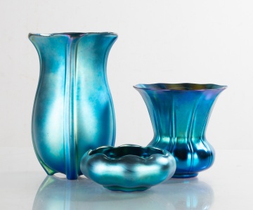 Three Steuben Blue Aurene Art Glass Pieces