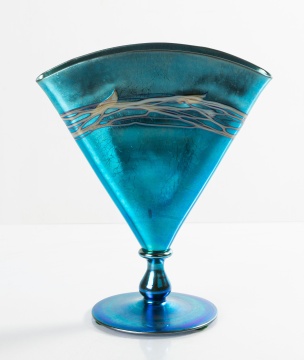 Steuben Blue Aurene Decorated Fan Vase