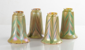 Four Decorated Quezal Art Glass Shades