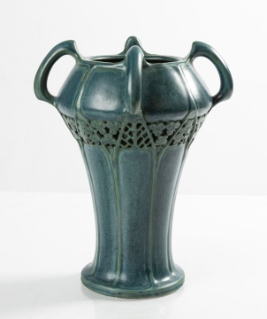 Eduard Stellmacher Amphora Vase, Teplitz Art Pottery Reticulated Handled Vase